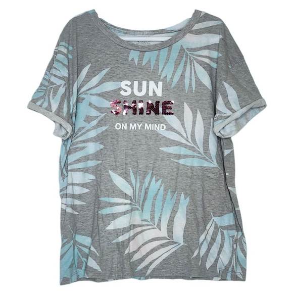 Arizona Jean Company Other - Arizona Jean Co T-Shirt Girl XL Gray Blue Palm Leaf Sequin "Sunshine on My Mind"